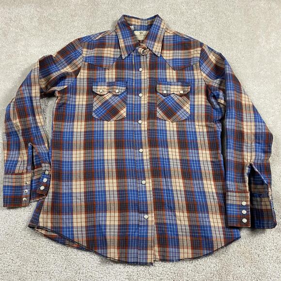 VTG Dee Cee Western Shirt Mens S Blue Plaid Pearl Snap Made USA 70s Retro Cowboy - Picture 1 of 8